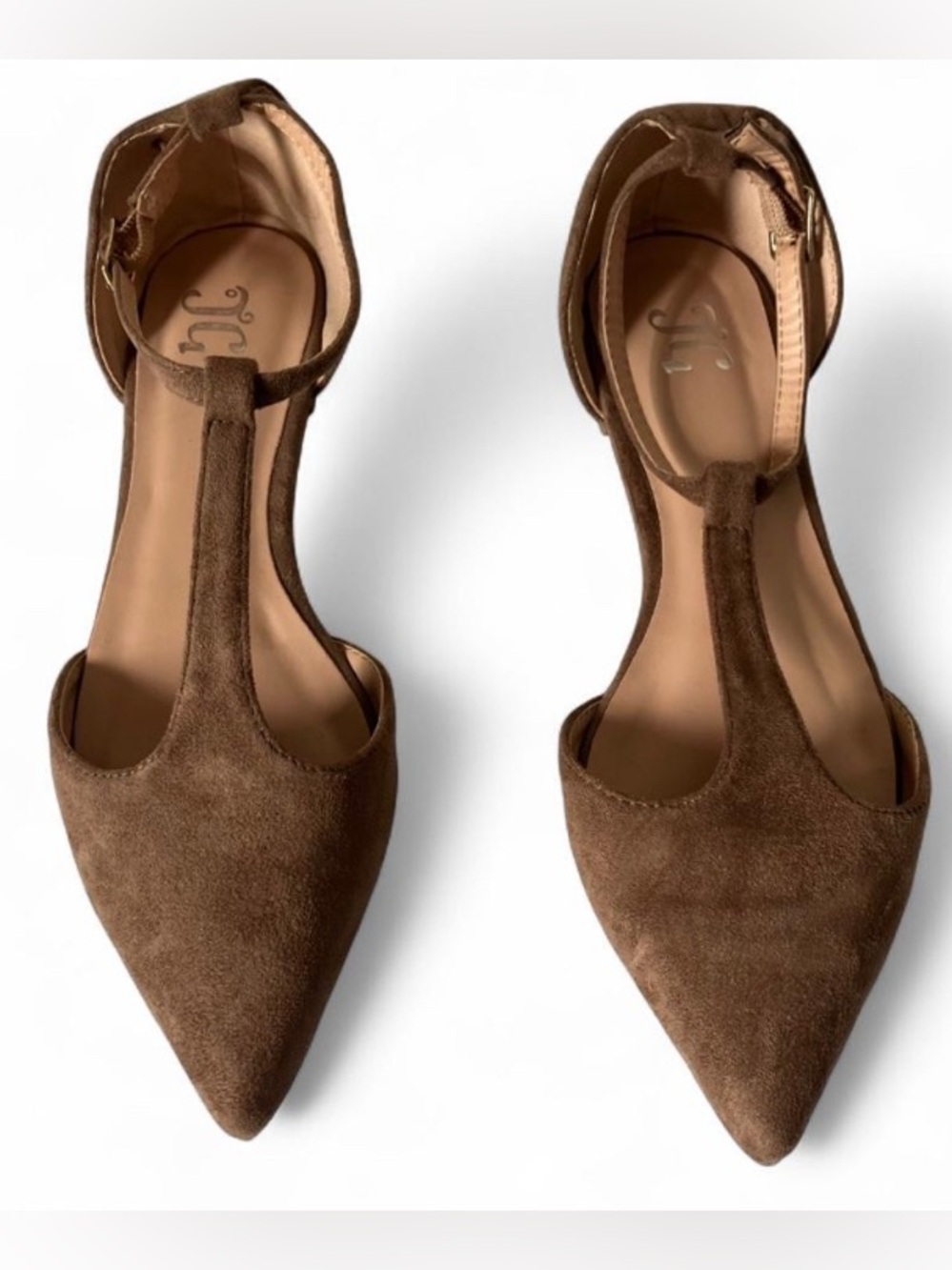 Journee Collection Brown Faux Suede T-Strap Pointed Toe Flats size 6 - Picture 2 of 8